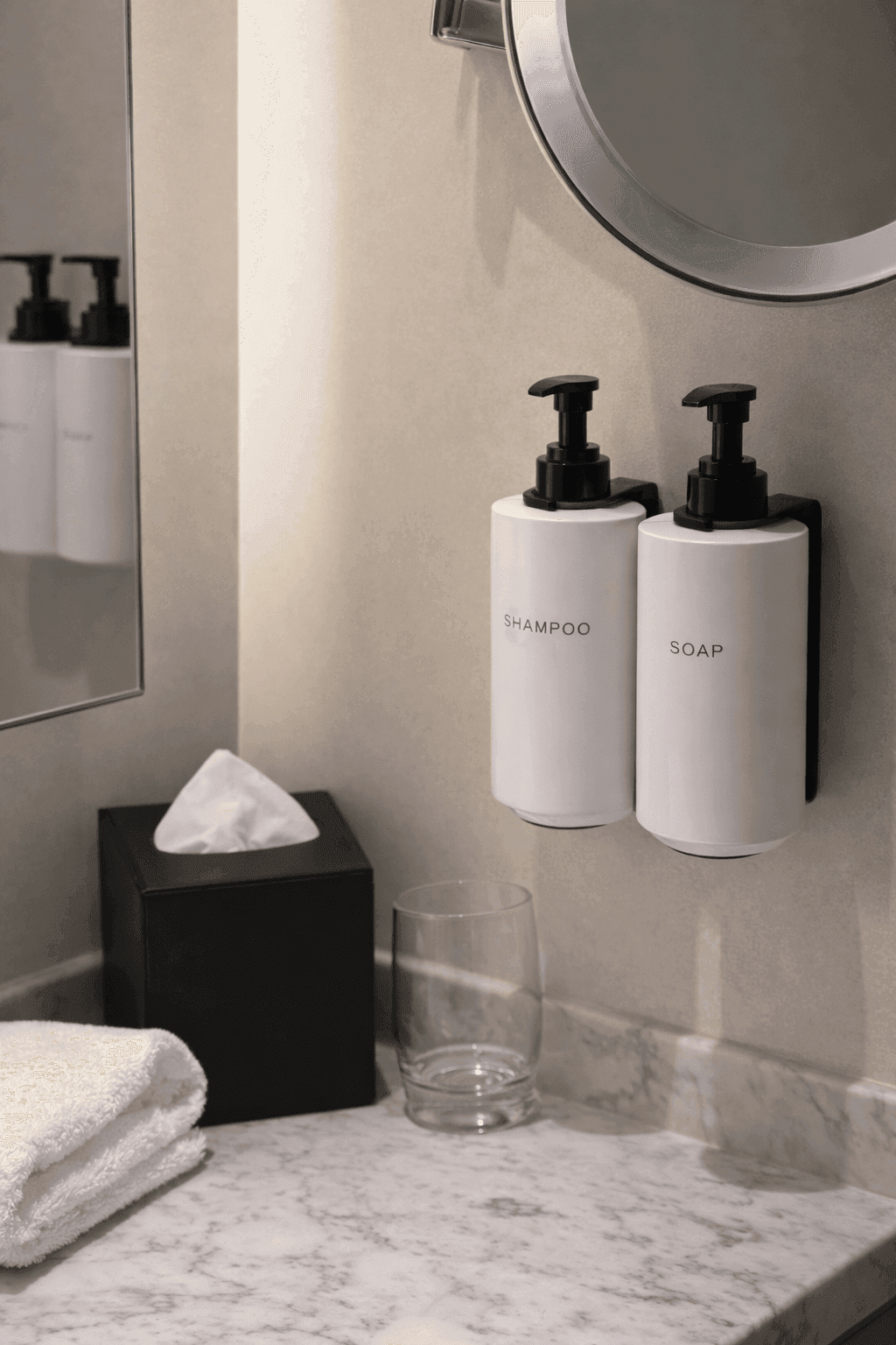 Amenity bottles on counter
