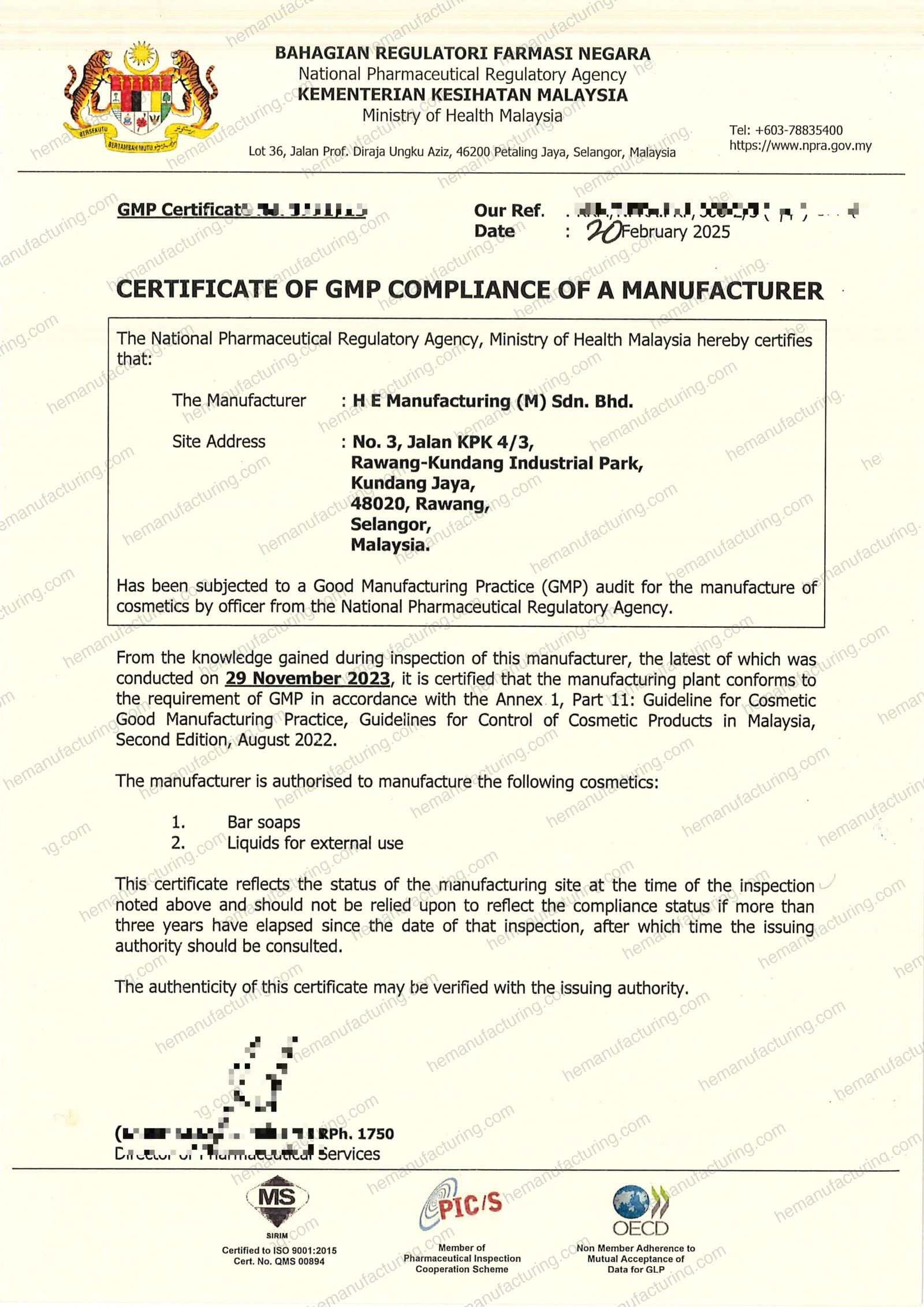 GMP compliance certificate for HE Manufacturing (M) Sdn Bhd, issued by the National Pharmaceutical Regulatory Agency, Ministry of Health Malaysia