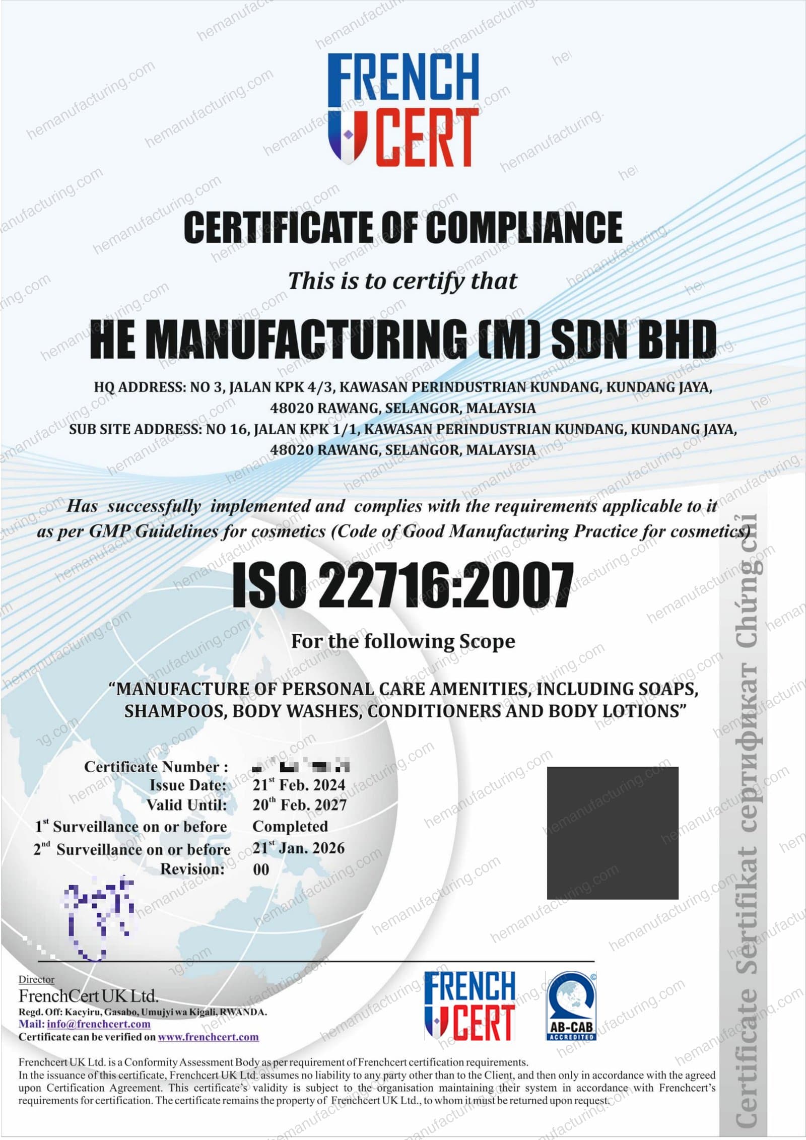 ISO 22716:2007 cosmetics GMP certificate for HE Manufacturing (M) Sdn Bhd, issued by FrenchCert UK Ltd