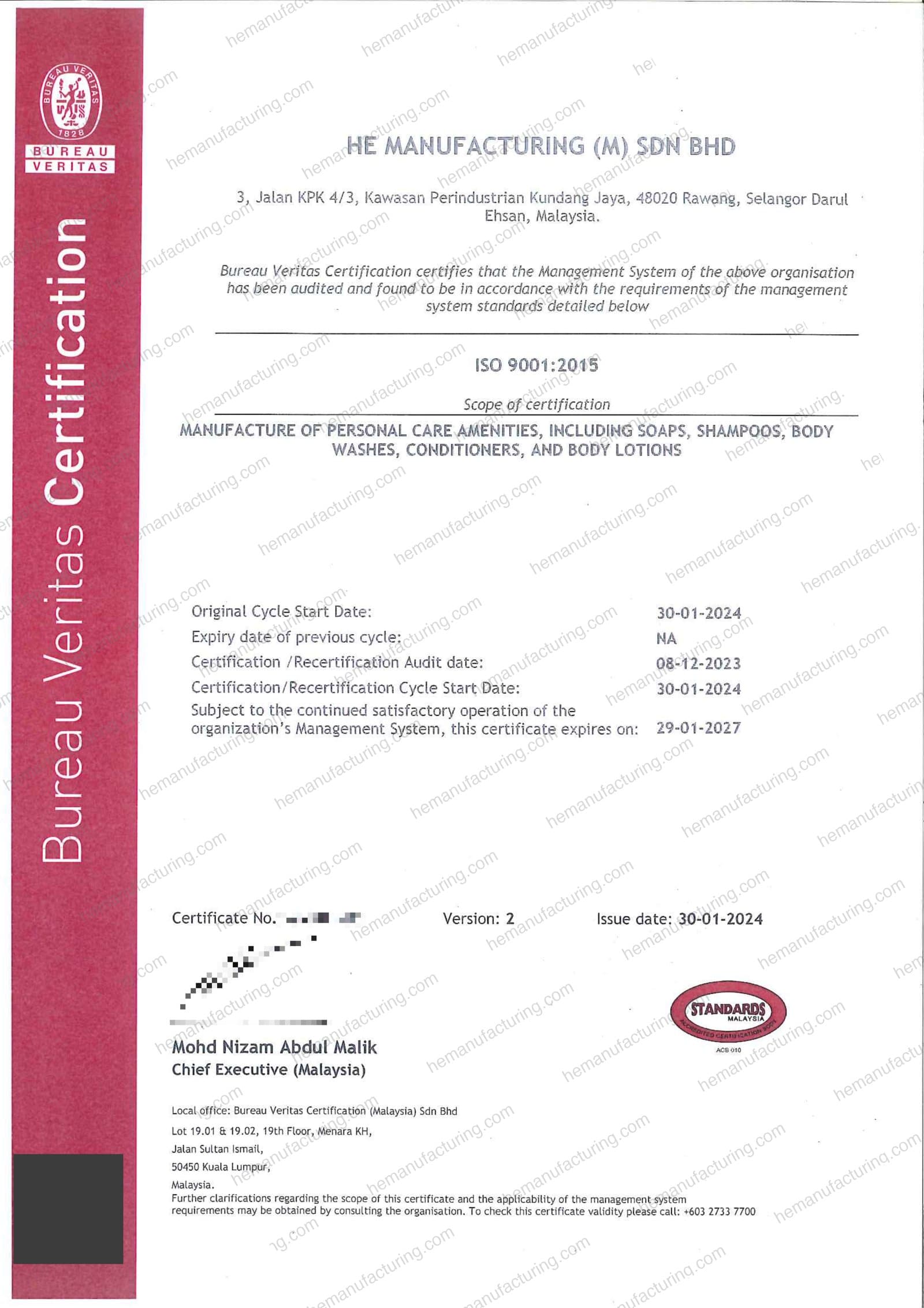 ISO 9001:2015 quality management certificate for HE Manufacturing (M) Sdn Bhd, issued by Bureau Veritas under Standards Malaysia accreditation