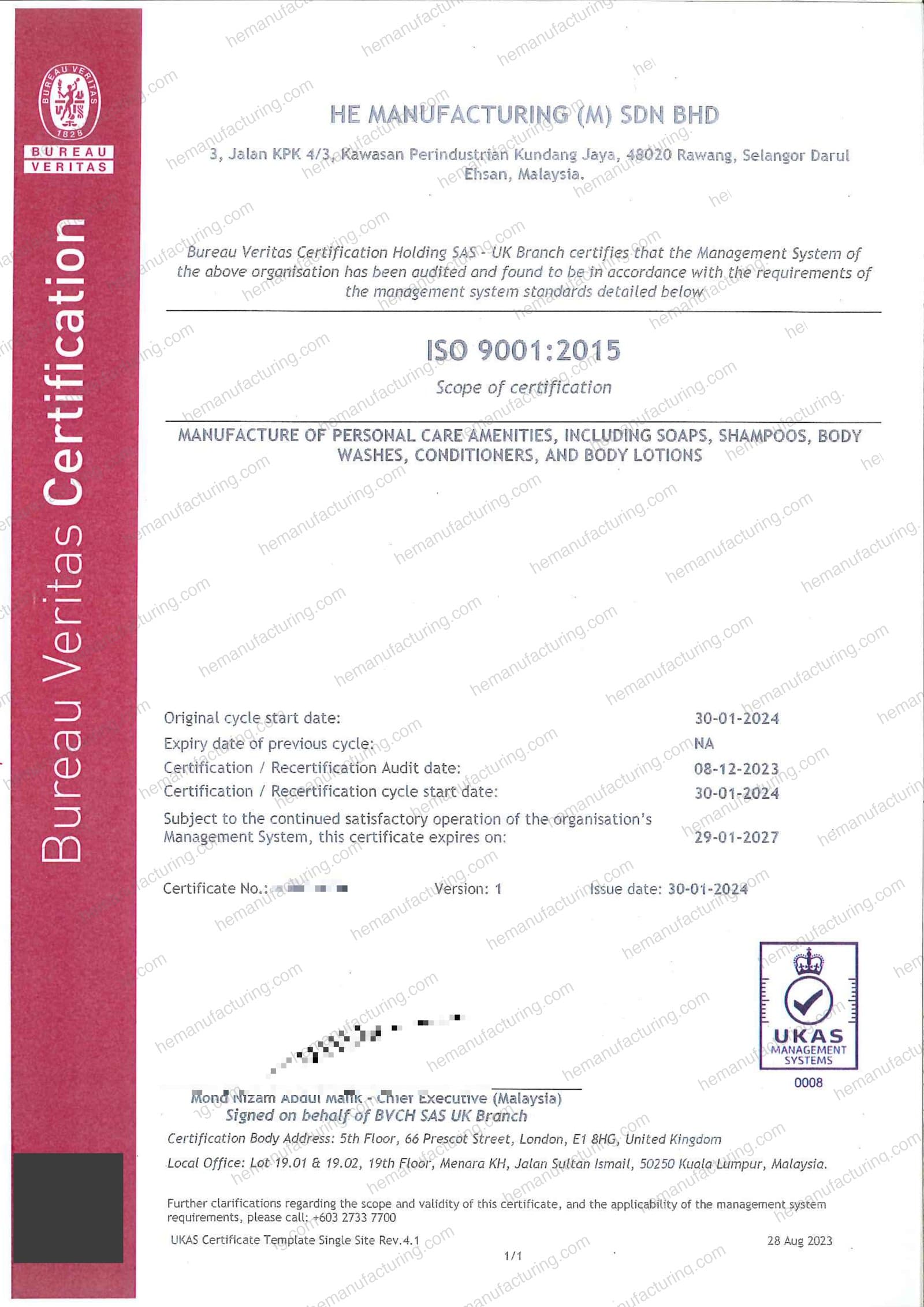 ISO 9001:2015 quality management certificate for HE Manufacturing (M) Sdn Bhd, issued by Bureau Veritas under UKAS accreditation