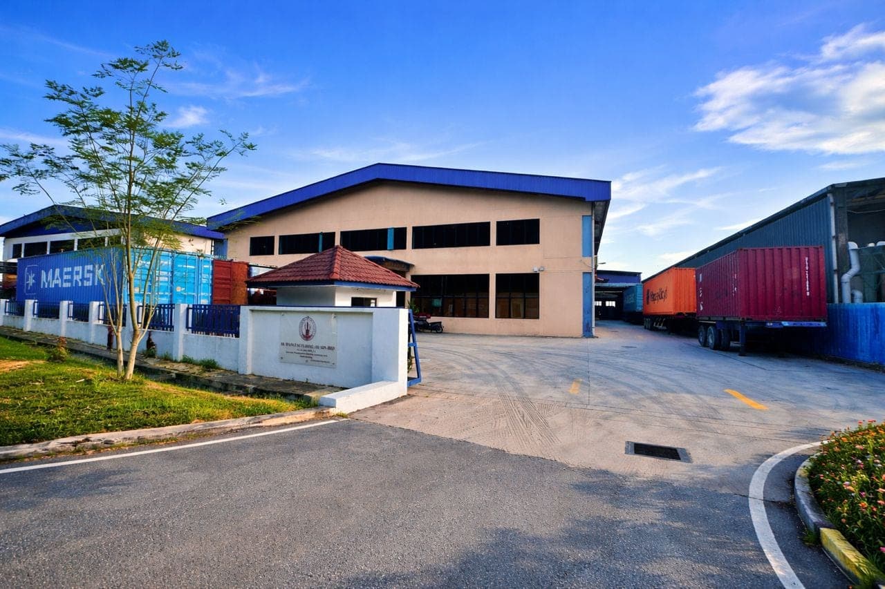 OEM production and export warehouse exterior with shipping containers