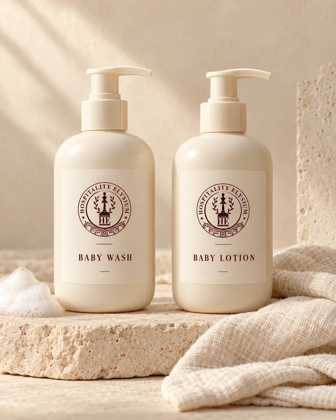 Illustrative ivory HE baby wash and lotion bottles with cotton muslin