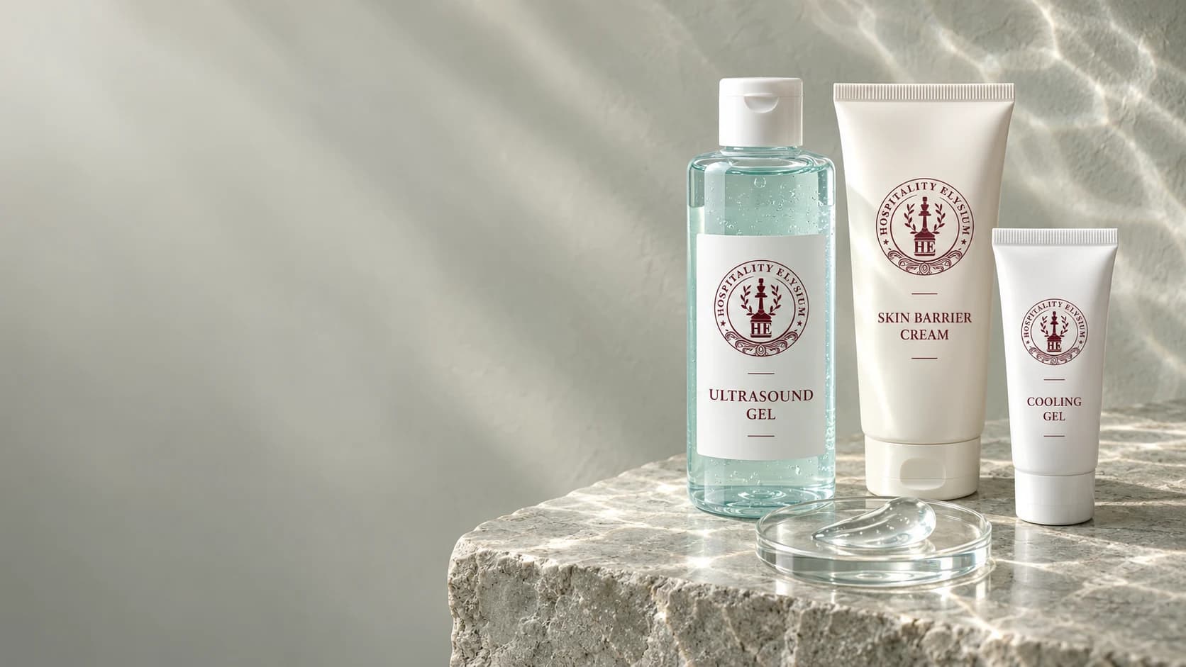 Illustrative HE gel and cream packaging on pale mineral stone
