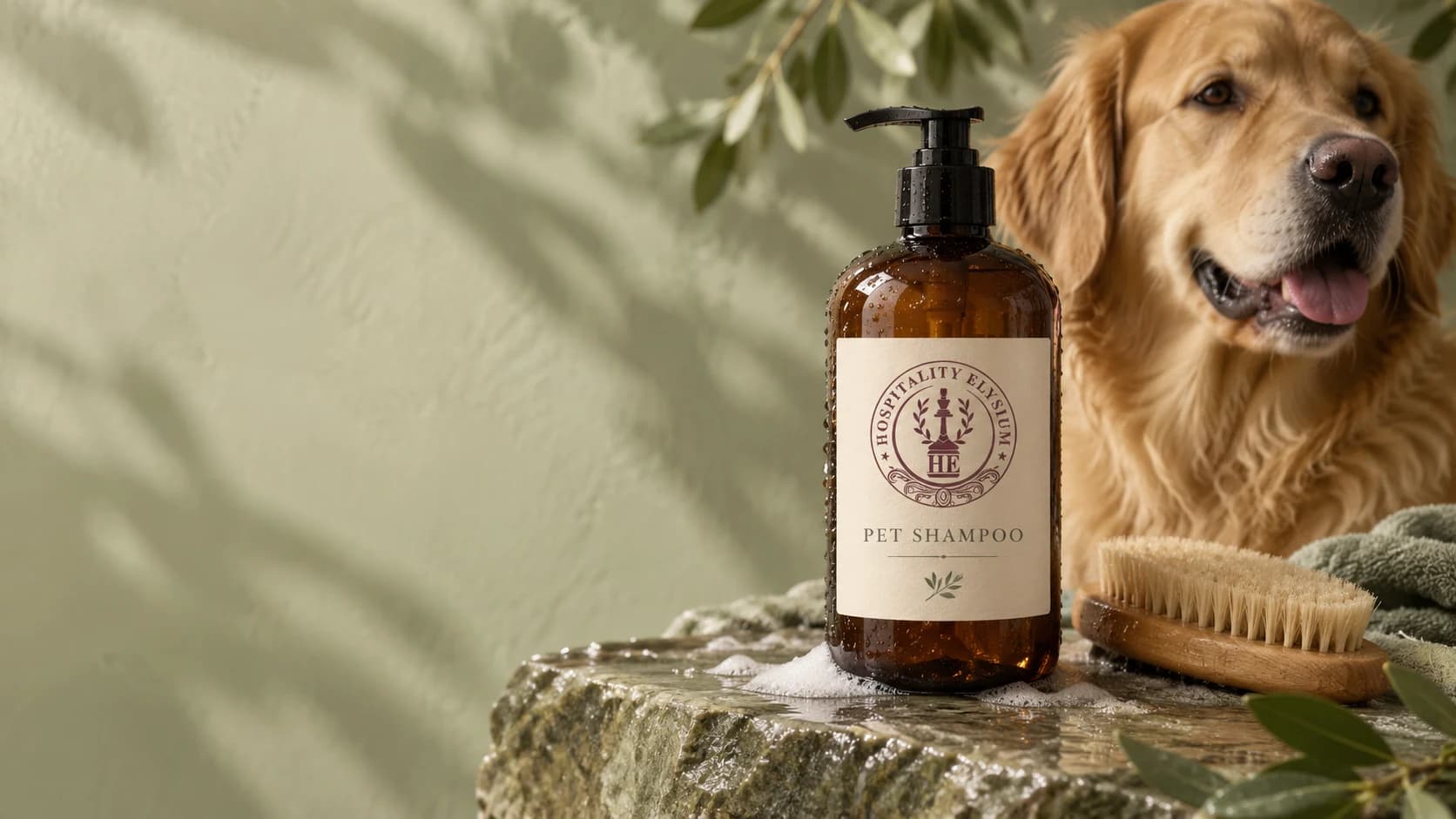 Illustrative amber HE pet shampoo beside a golden retriever and grooming brush