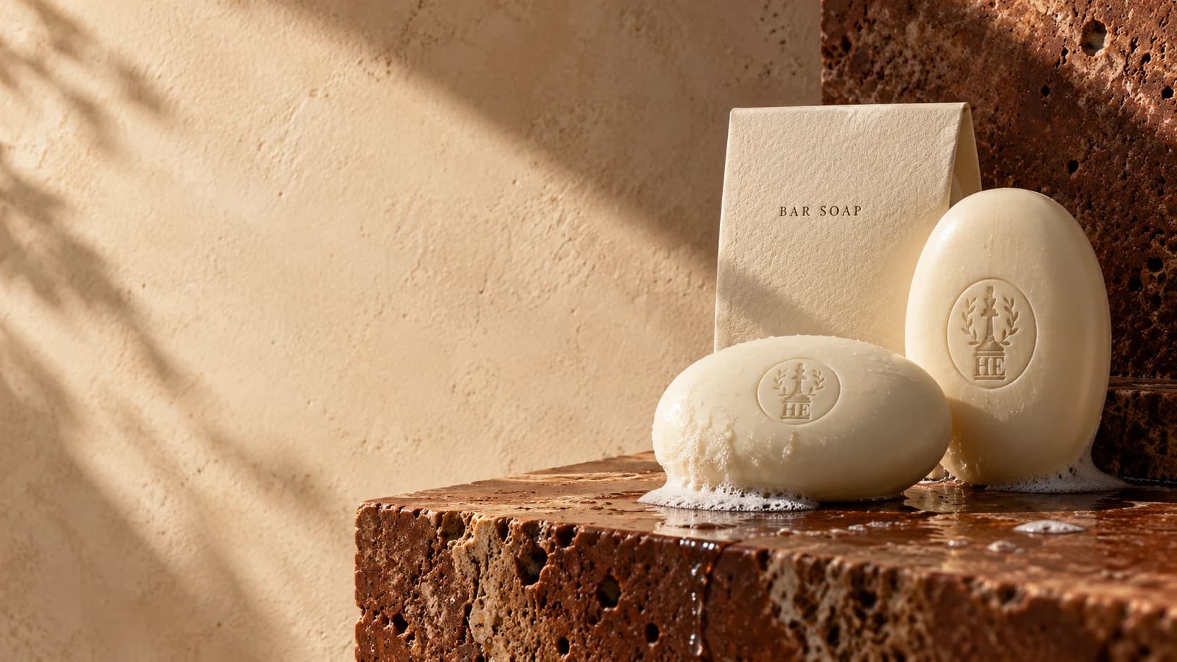 Illustrative HE soap bars on wet terracotta travertine