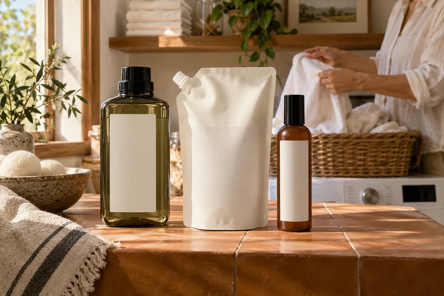 Illustrative blank-label care collection with bottles and a refill pouch