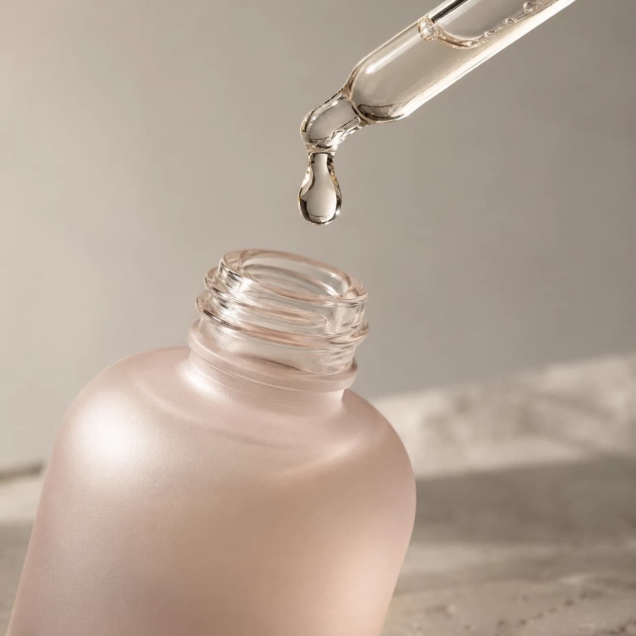 Illustrative cosmetic serum and glass dropper bottle