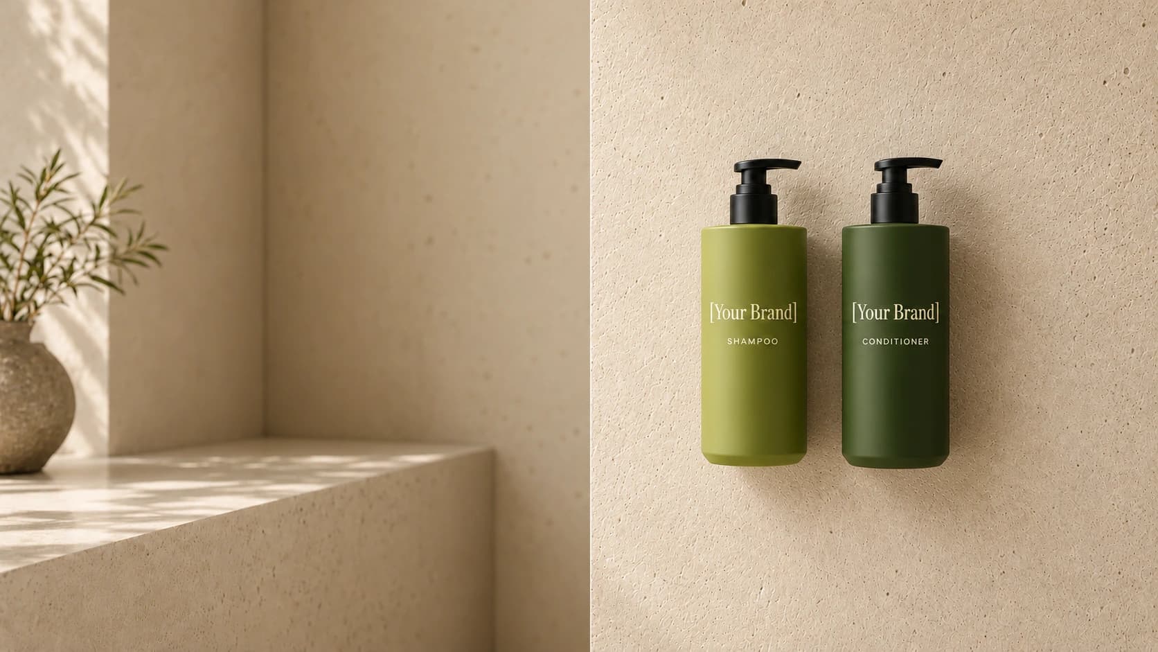 Illustrative olive-green shampoo and conditioner pump bottles labelled Your Brand on a sunlit limestone wall