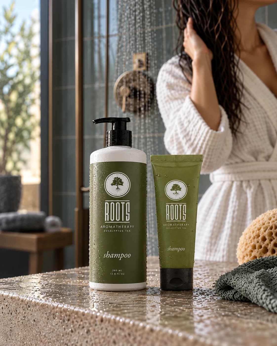 HE-manufactured ROOTS shampoo bottle and tube in an illustrative hair care setting