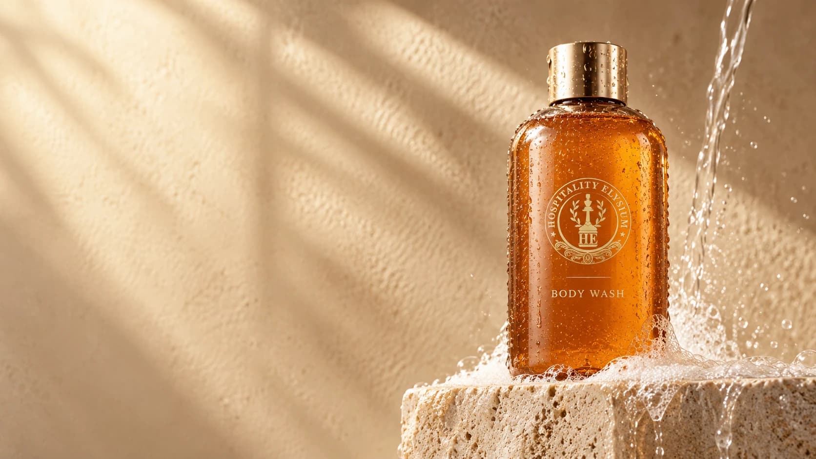 HE body wash packaging concept with golden liquid, water droplets and lather on sunlit stone
