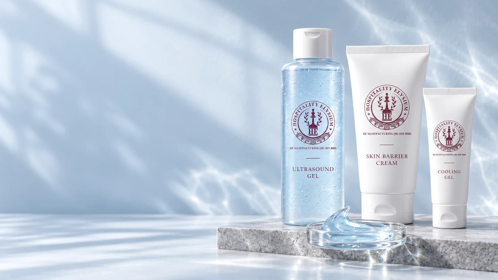 Illustrative HE ultrasound gel, skin barrier cream and cooling gel packaging