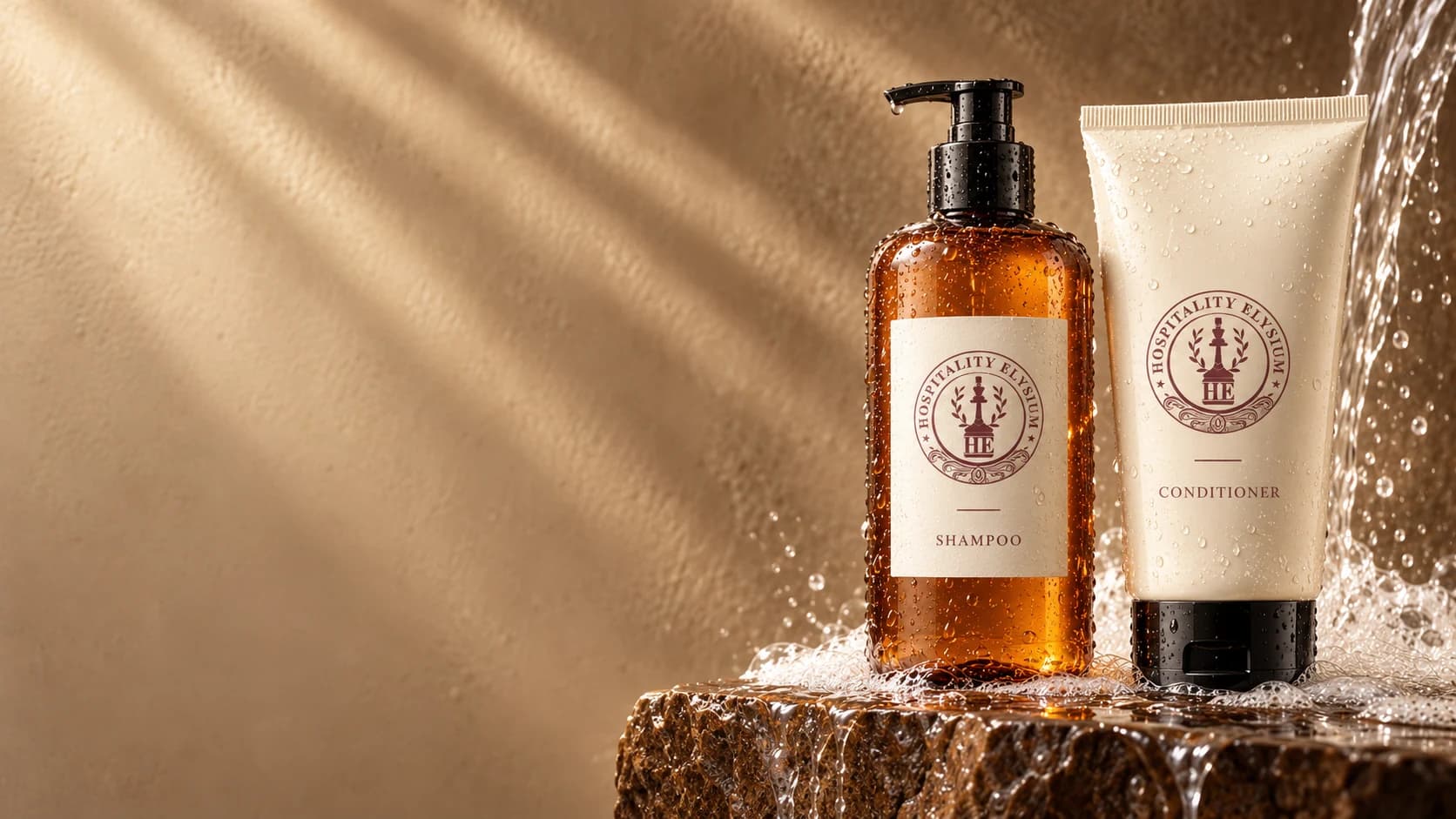Illustrative HE shampoo and conditioner packaging with water droplets on dark wet stone