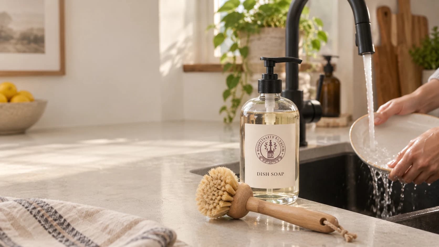Illustrative HE dish soap with a wooden brush beside a working kitchen sink