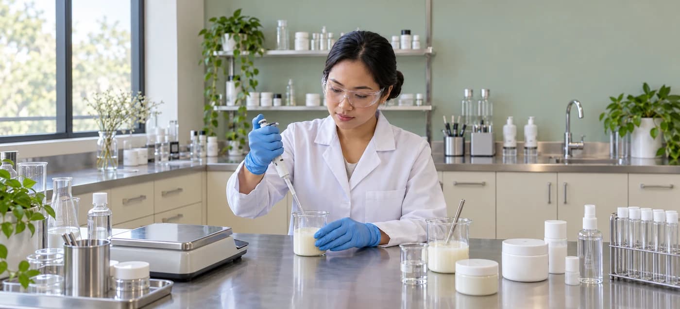 Illustration of a Malaysian cosmetic formulation technician preparing a laboratory sample