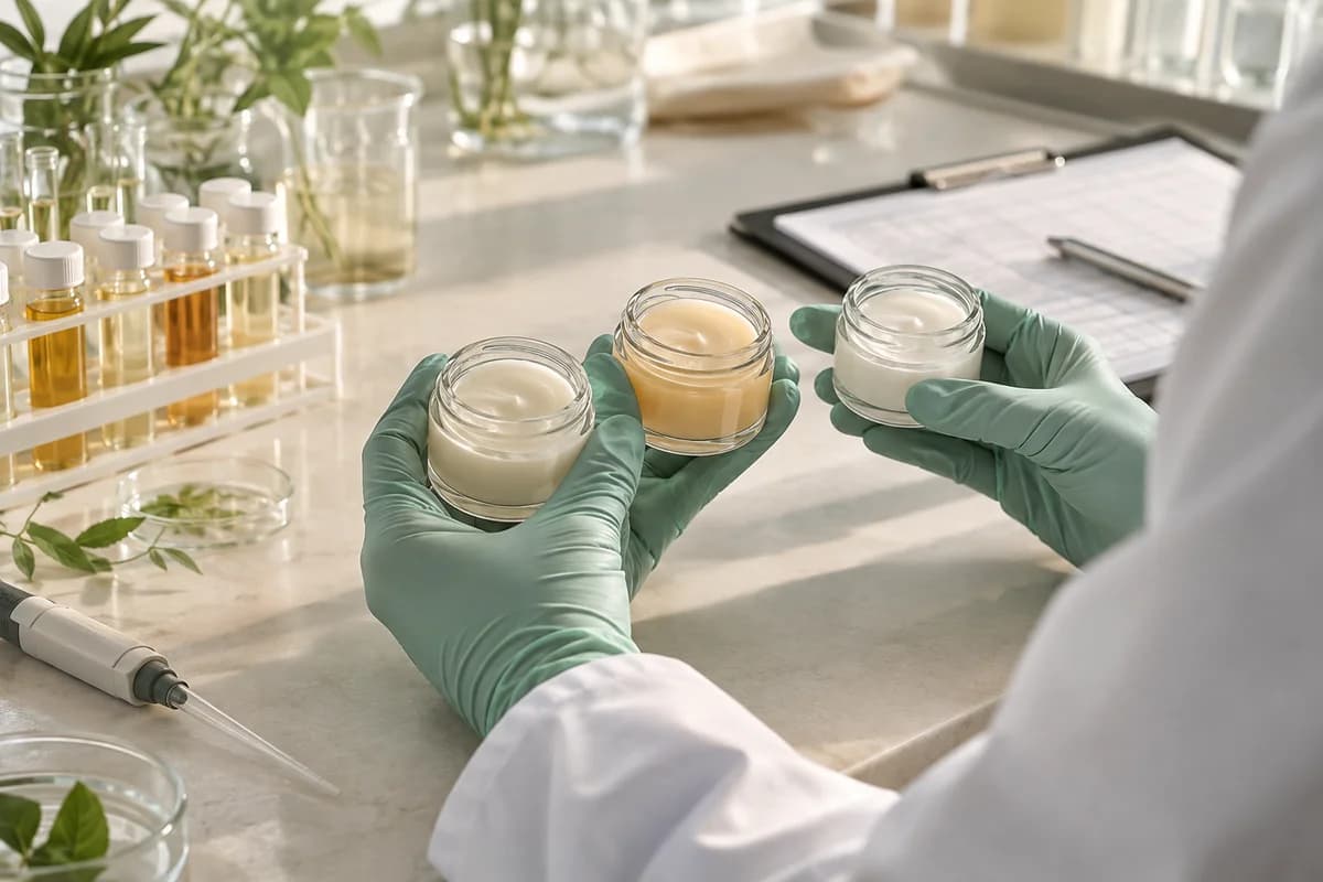 Conceptual laboratory scene of a technician comparing retained cosmetic samples during a quality investigation