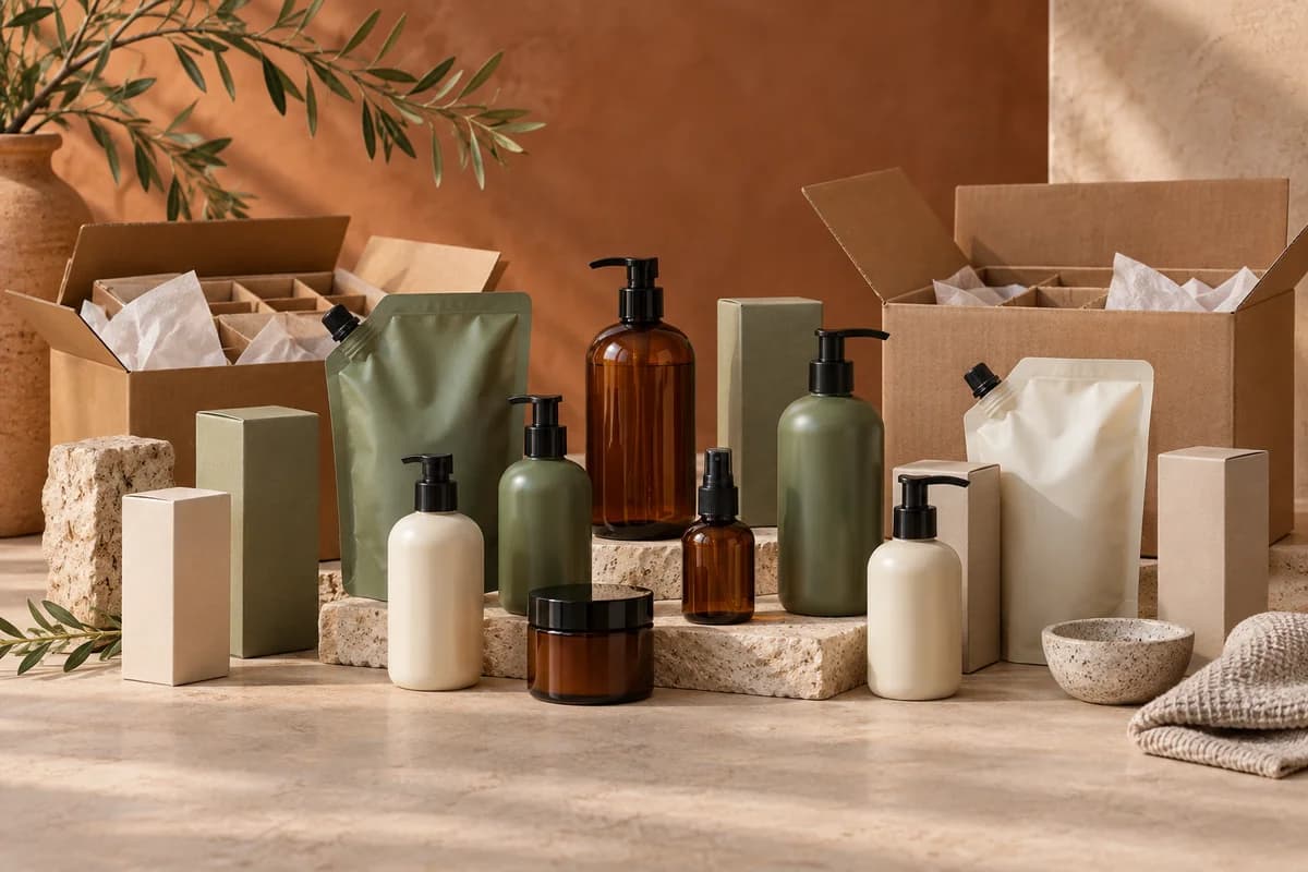 Conceptual multi-product range with retail packaging and shipping cartons