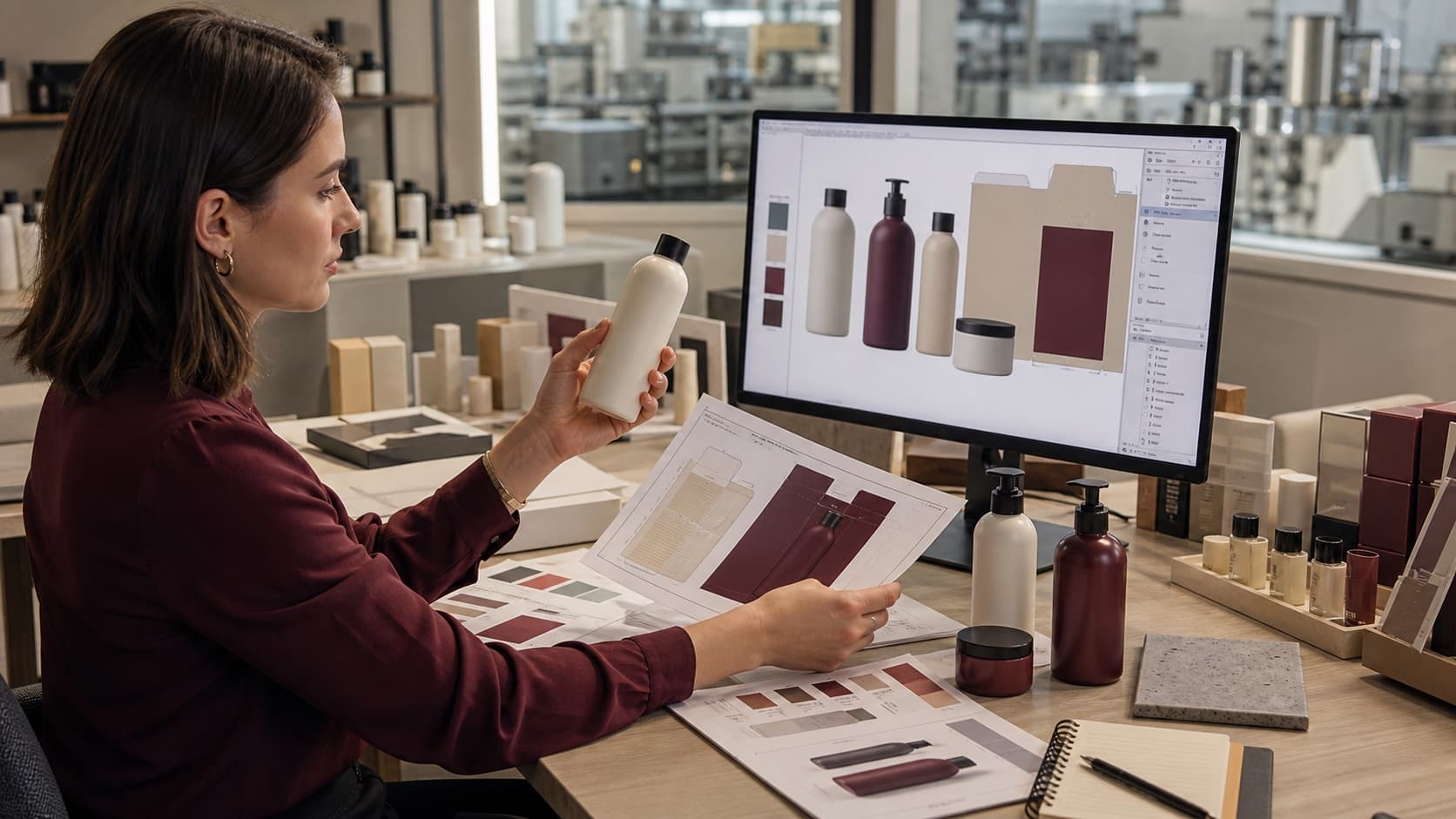 Packaging designer reviewing private-label bottle and carton concepts