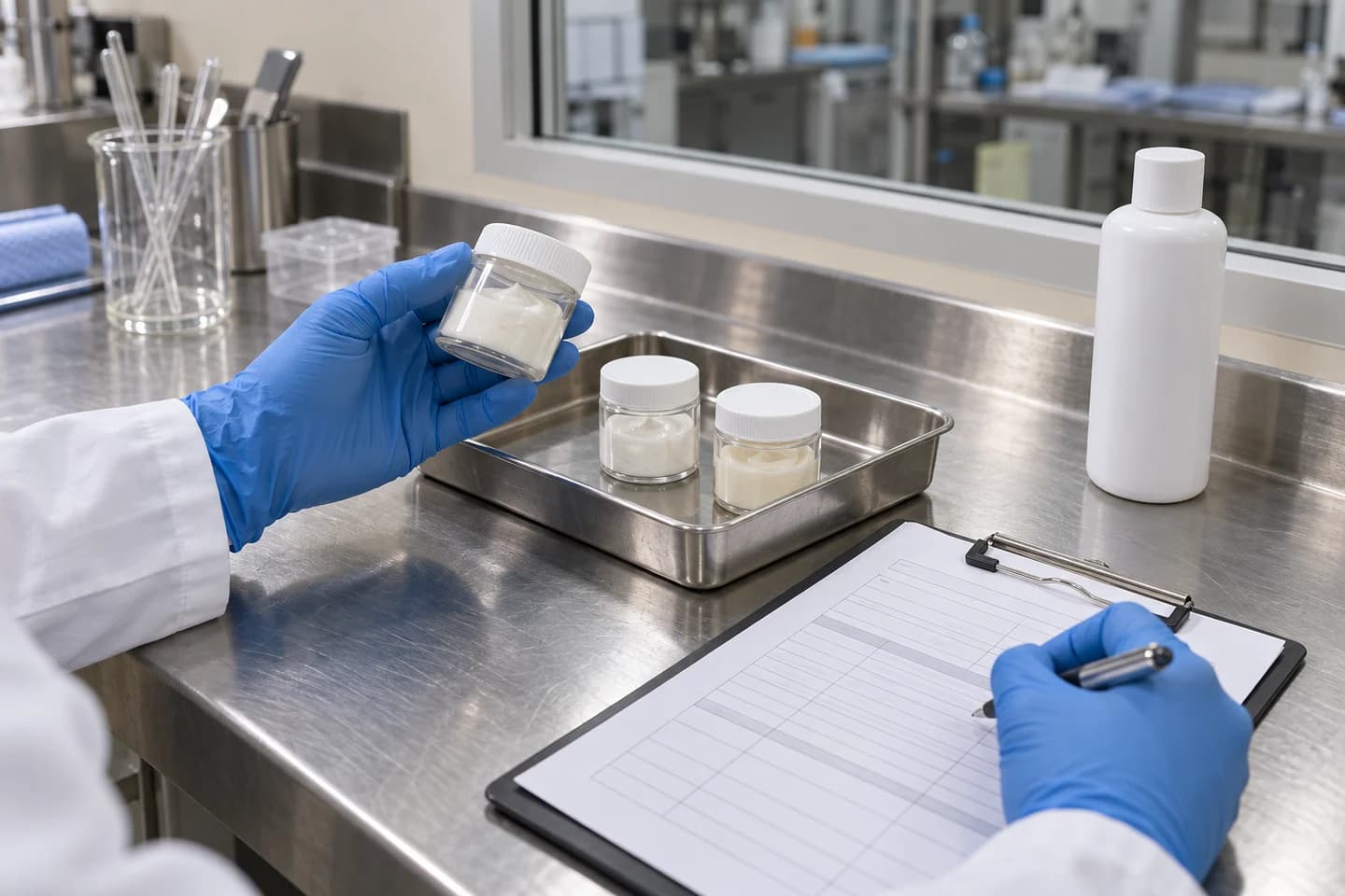 Illustration of gloved hands reviewing retained cosmetic samples against a quality control worksheet