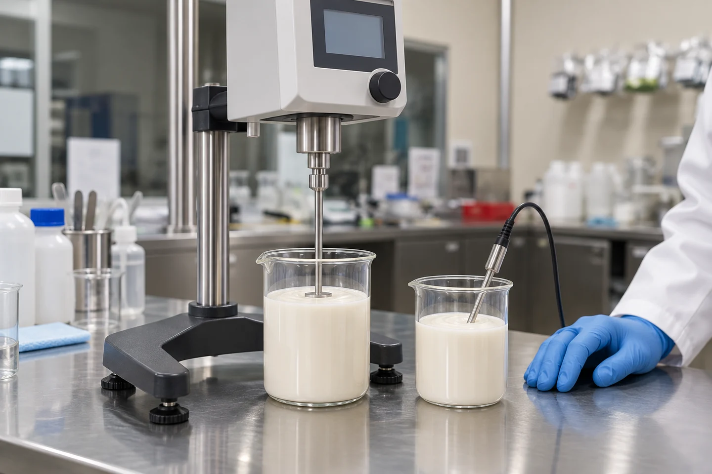 Illustration of a rotational viscometer measuring a cosmetic sample beside a temperature probe