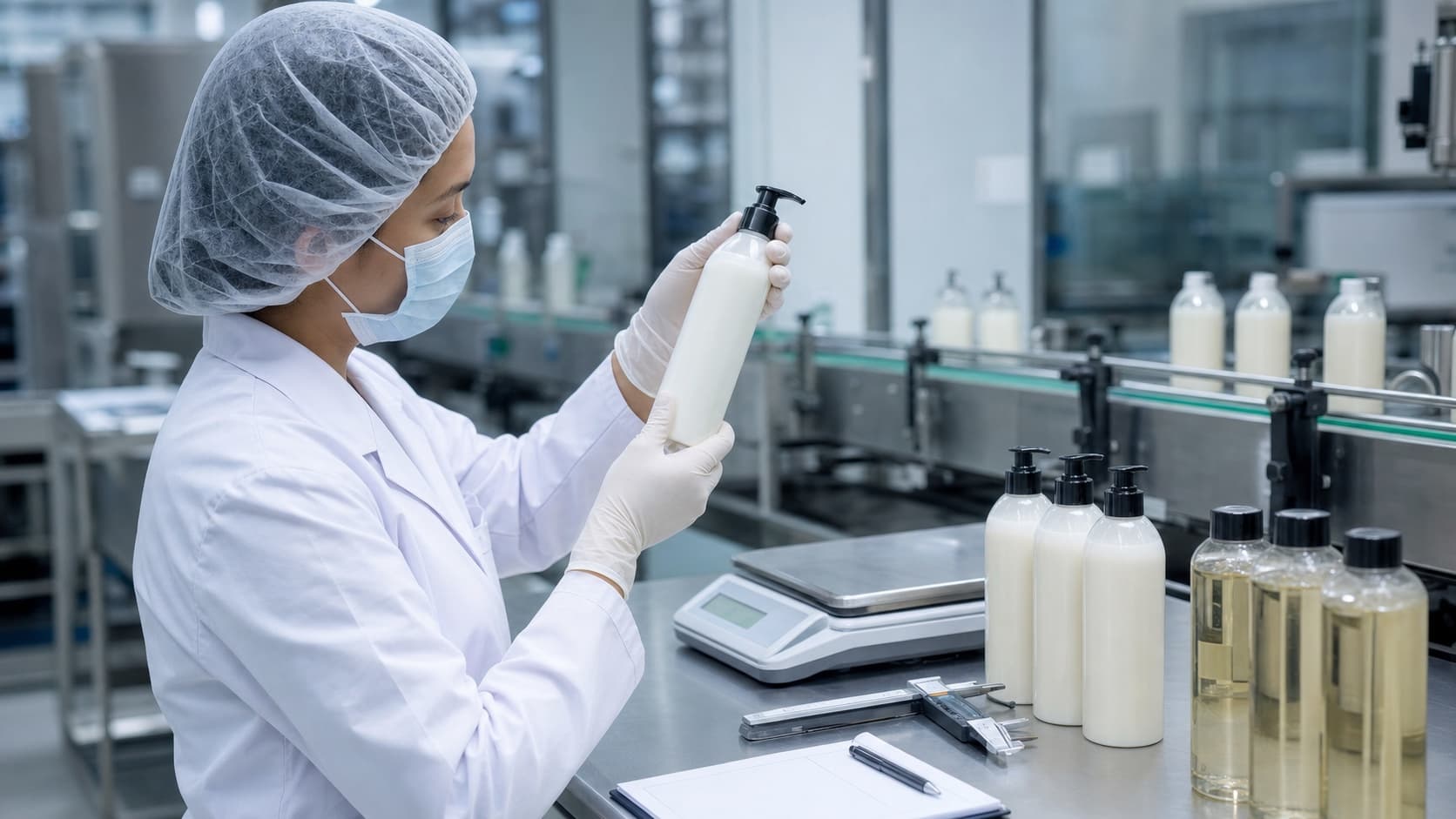 Technician inspecting a finished personal-care product